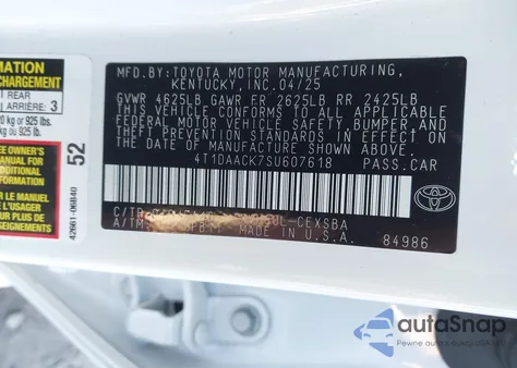 2025 Toyota Camry Se из США, поврежденный, VIN 4T1DAACK7SU607618